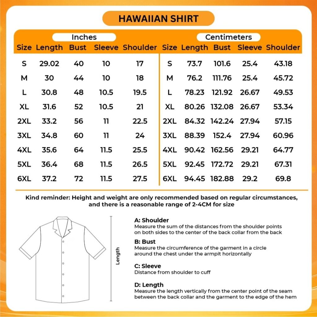 3D Hawaiian Shirt Size Chart - Sailor Moon UK Shop