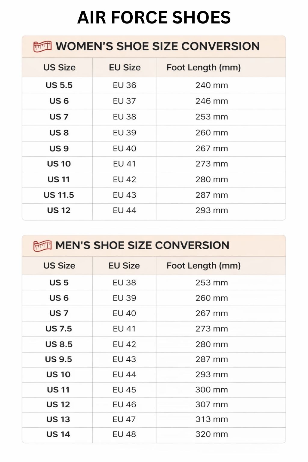 Air Force Shoes Size Chart - Sailor Moon UK Shop