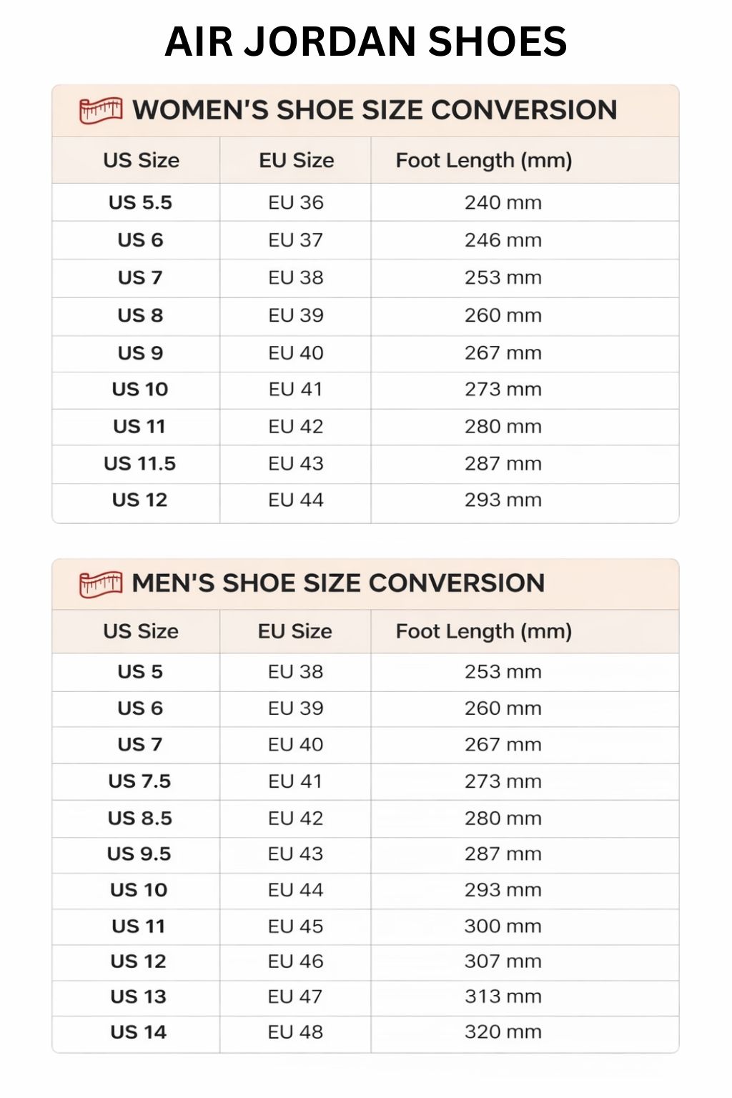 Air Jordan High Low Top Shoes Size Chart - Sailor Moon UK Shop