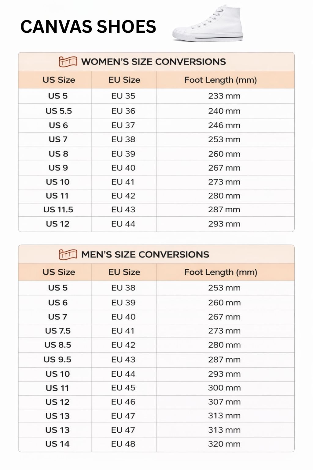 High Top Canvas Shoes Size Chart - Sailor Moon UK Shop