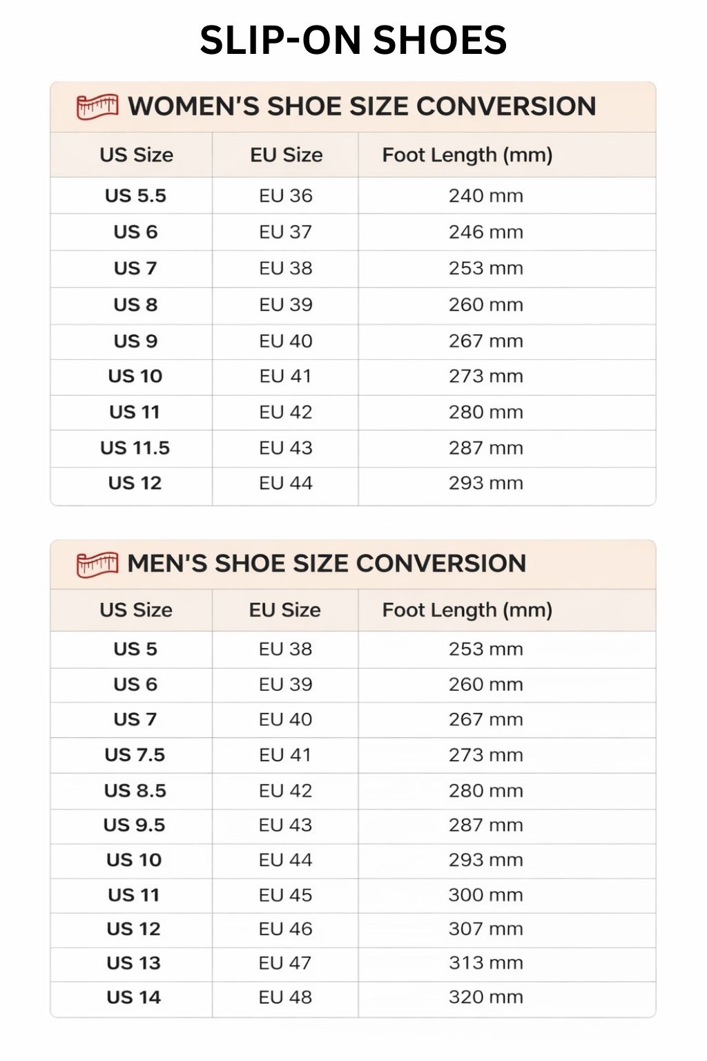 Slip On Shoes Size Chart - Sailor Moon UK Shop