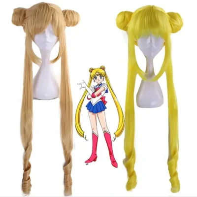 Synthetic Hair Wig Sailor Moon Blonde Two Braids Long Wavy Cosplay